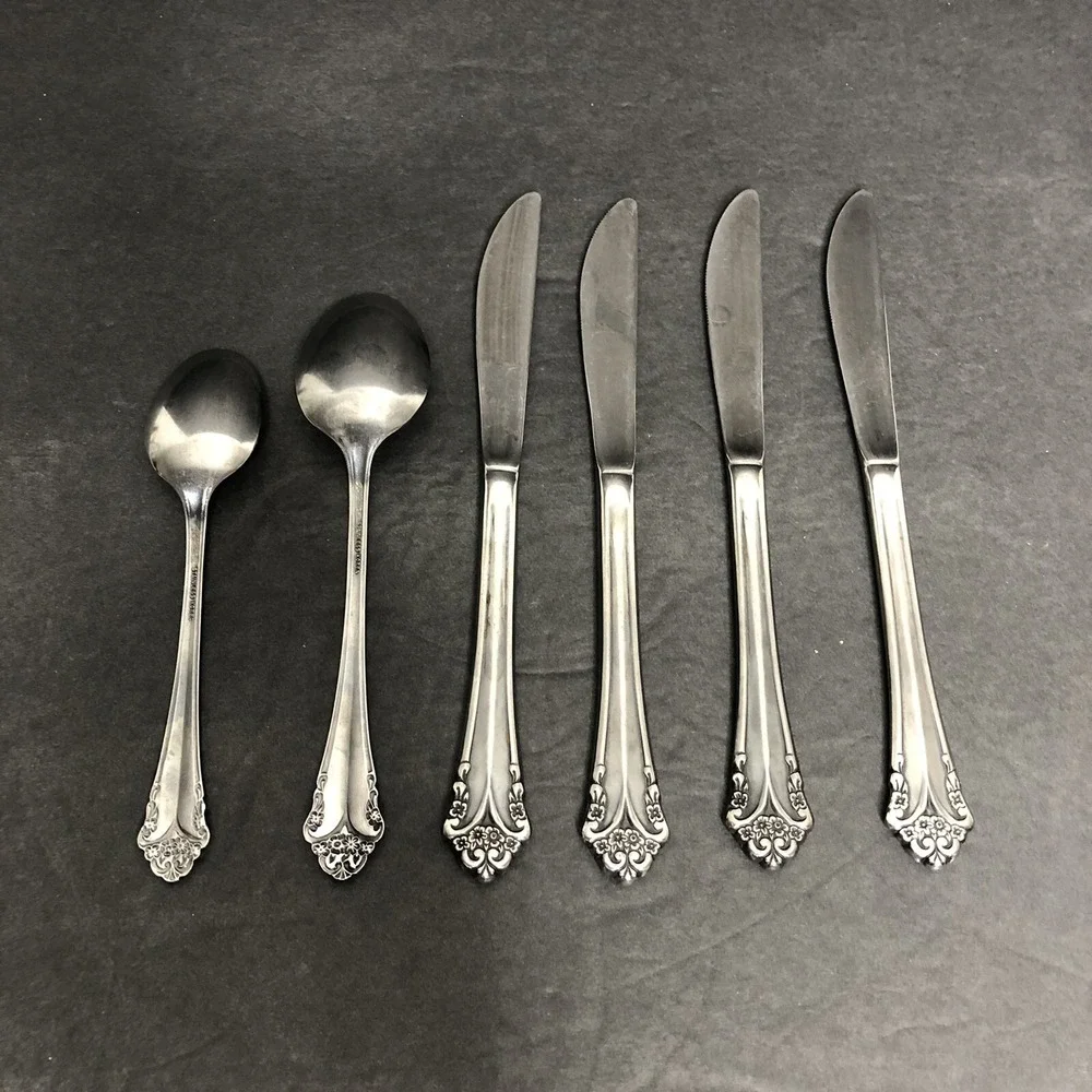 Rogers Stanley Roberts Rose Bud Flatware Stainless Floral 6 Pieces Knives Spoons